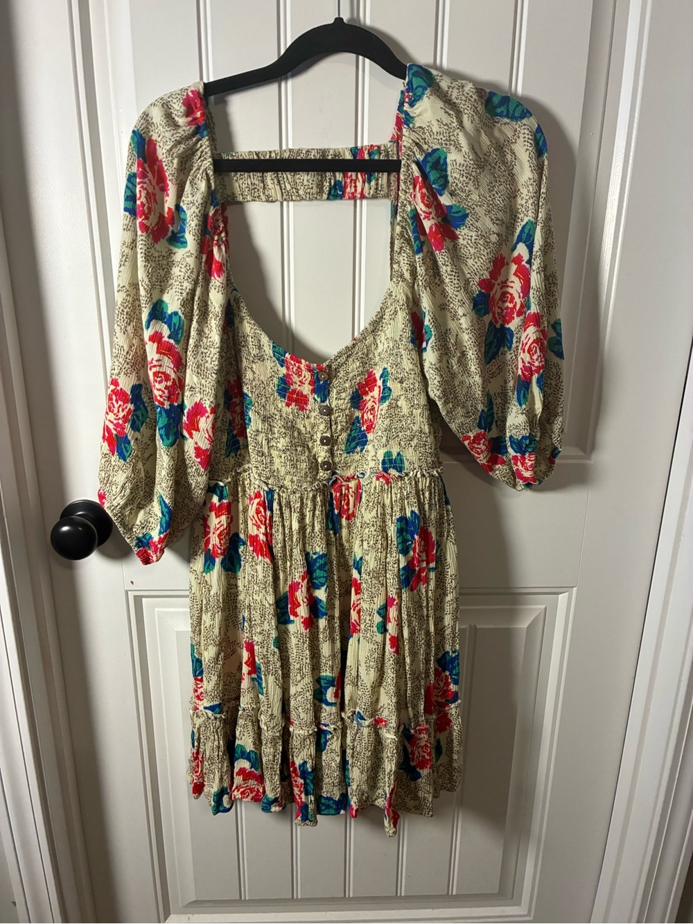 Free People Beige Mini Dress with Red & Teal Floral Print